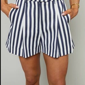 Mango Linen High Waist Blue Striped Short - 4